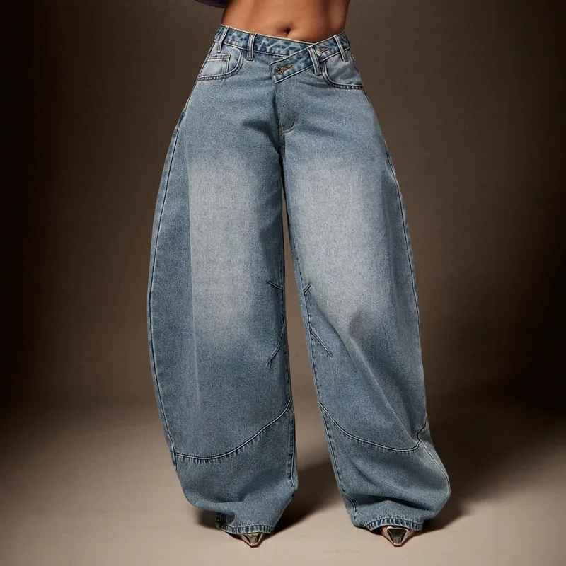 Vintage Style Wide Leg Full Length Pants for Women in Loose Fit, Made with Denim Cotton, Inelastic, Perfect for Autumn