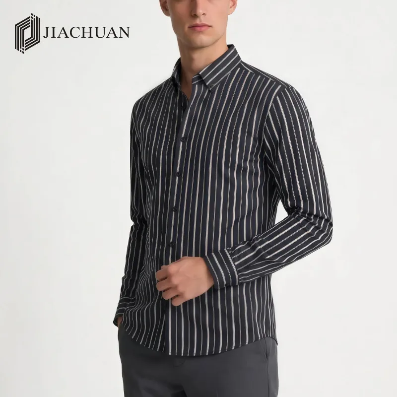 Casual Stripe Long Sleeve Shirt for Men in 4-Way Stretch Fabric with Printing Craft and Lapel Collar