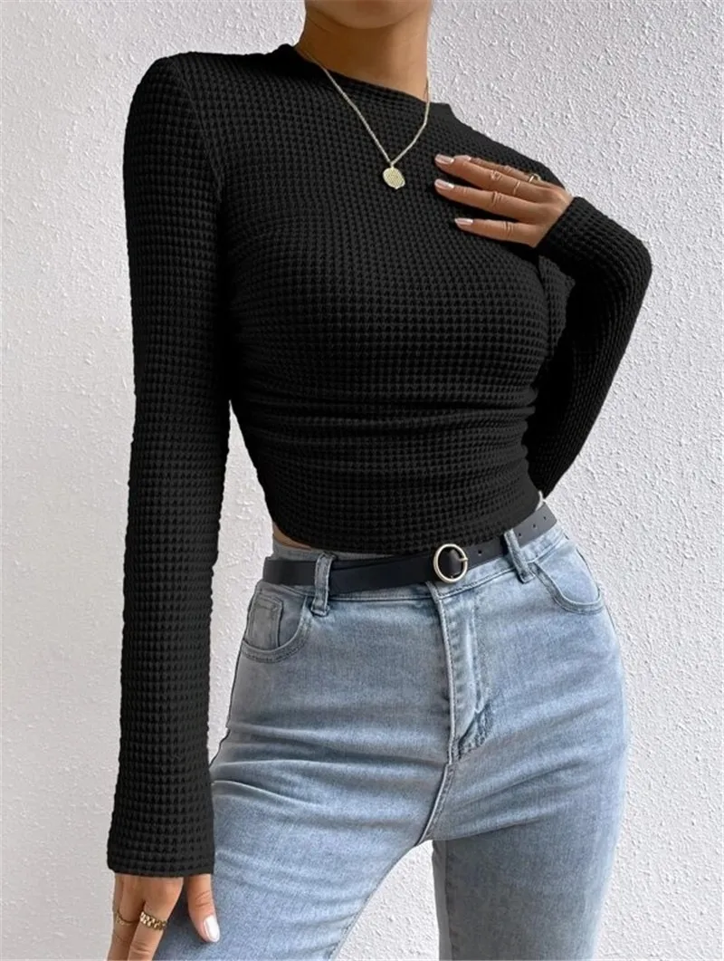 Plaid Long Sleeve Streetwear Pullover T-shirt for Women in Polyester with Round Neck