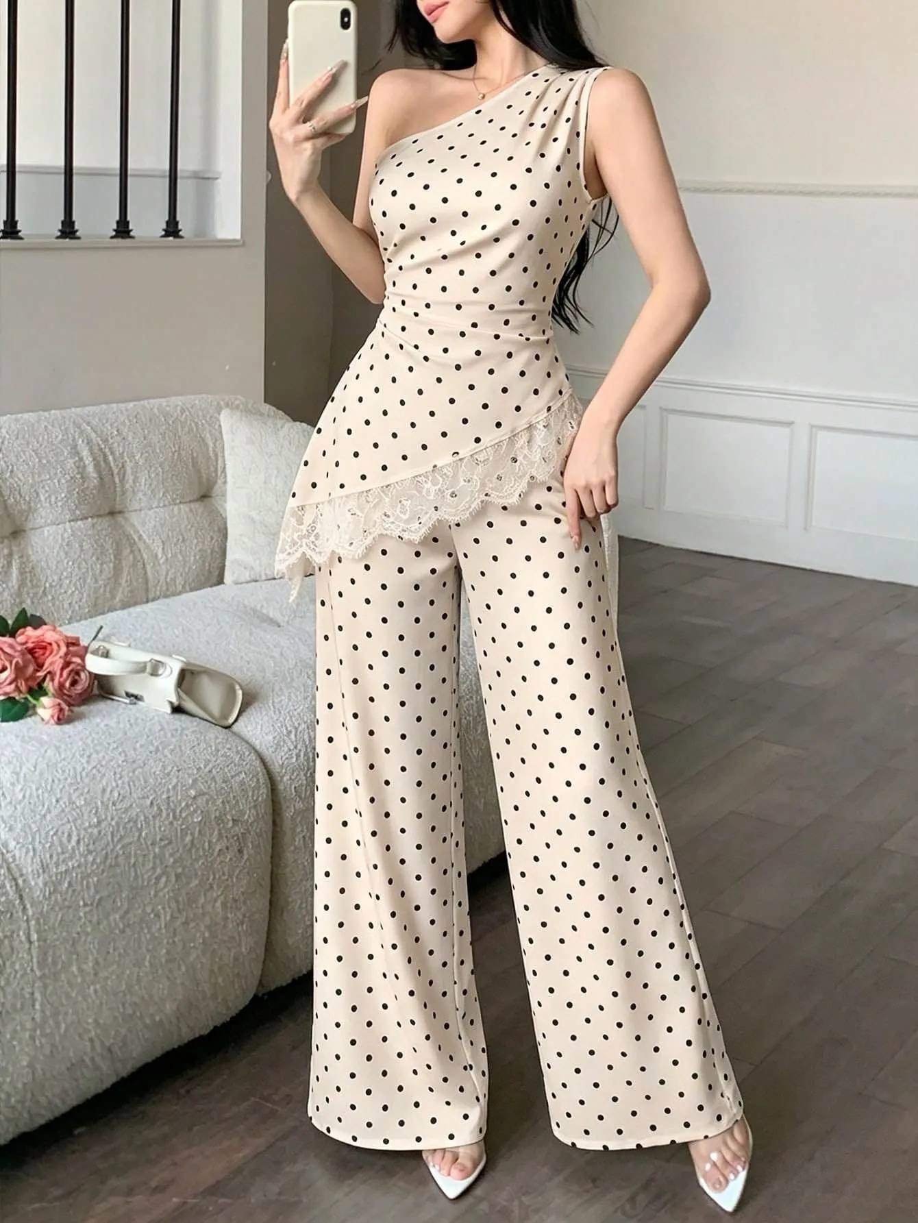 Elegant Polka Dots Pant Co-ord Set with Wide Leg Pants in Polyester featuring Lace Craftsmanship for Casual Wear
