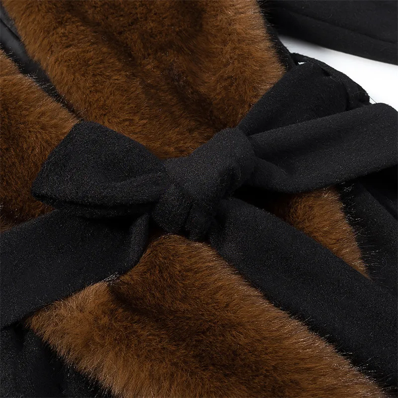 Elegant Women's Woolen Coat with Tie Placket Featuring Polyester Fabric and Functional Pocket
