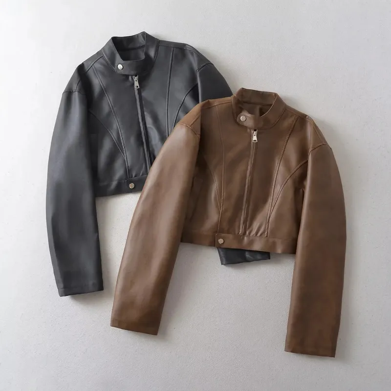 Streetwear Women's Leather Jacket with Zipper Placket and Standing Collar, Washed Polyester Fabric