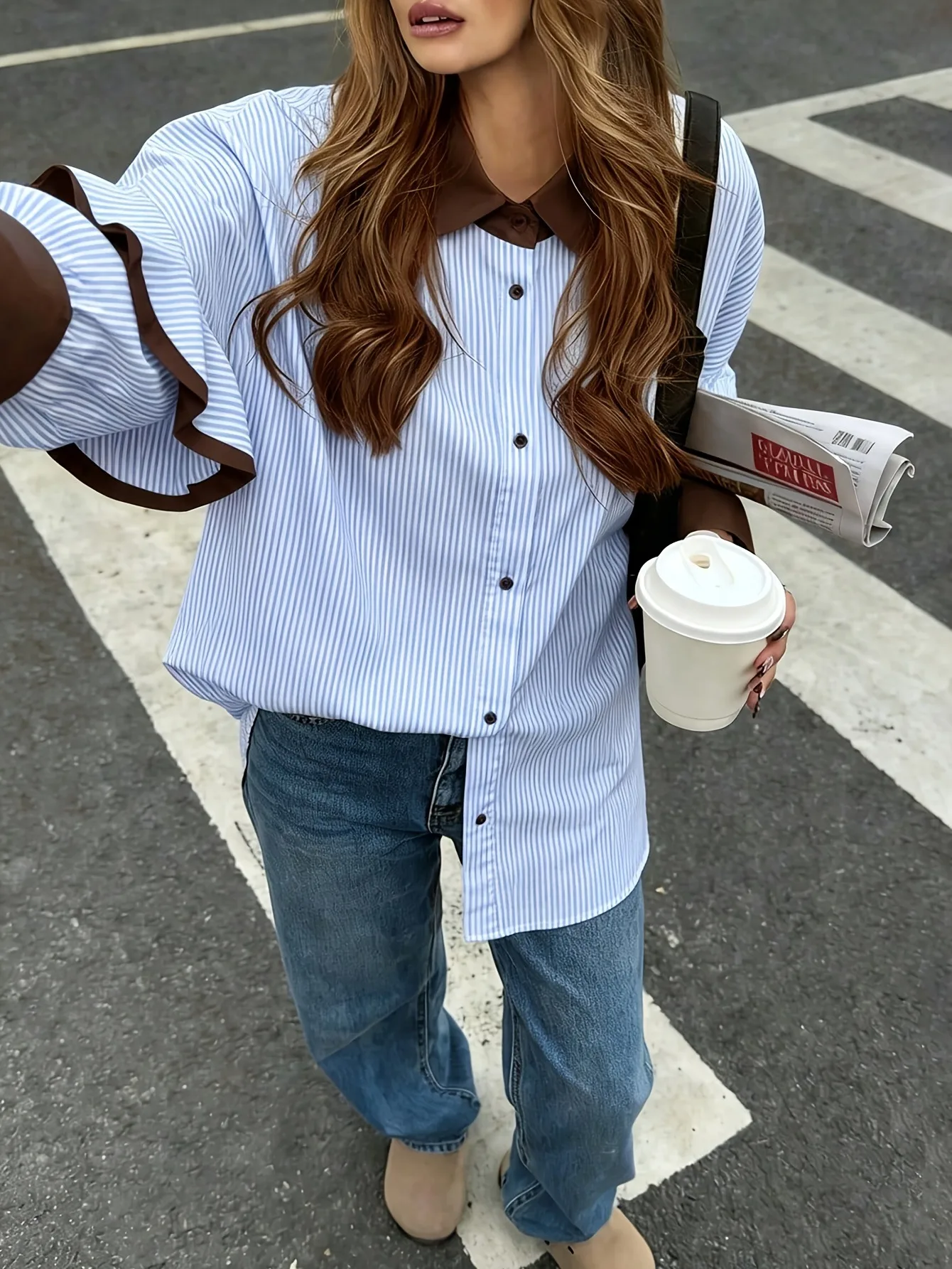 Preppy Style Stripe Long Sleeve Women's Shirt in Loose Fit, Made with Polyester Fabric