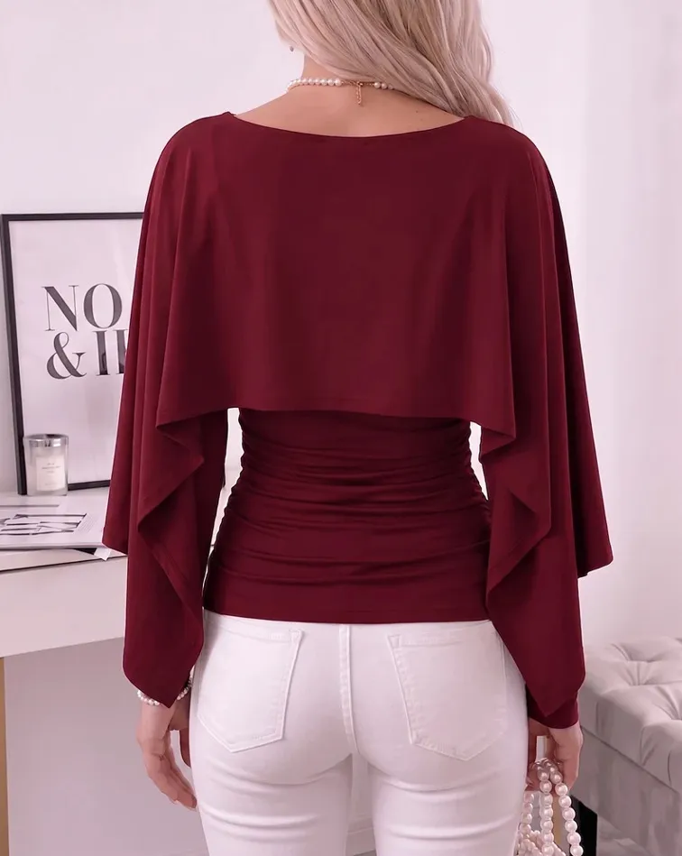Elegant Solid Color Long Sleeve Polyester T-shirt with Cloak Sleeve Featuring Pullover Design