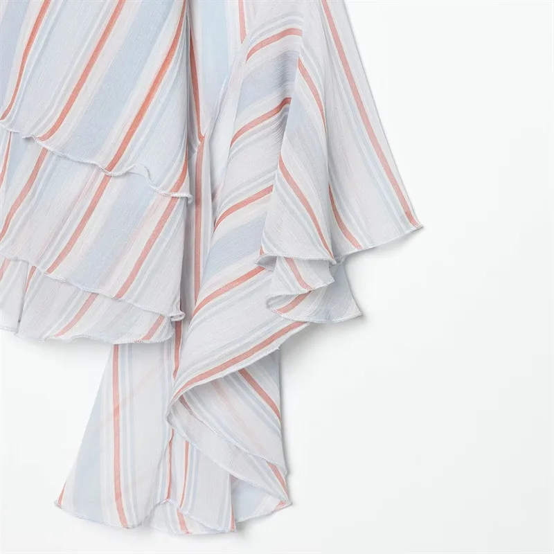 Stripe Blouse for Women in Polyester Fabric with Casual Style Featuring Ruffles and V Neck Pullovers
