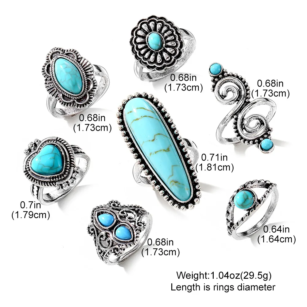 Vintage Bohemian Turquoise Heart Flower Ring for Women Alloy Plated Ethnic Jewelry