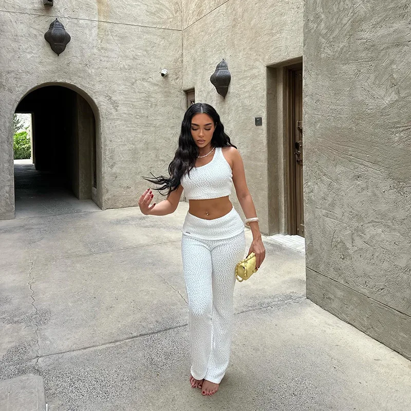 Women’s Solid Color Pant Co-ord Set in Elastane with U Neck, Perfect for Holiday Vacation, 2 Pieces Set