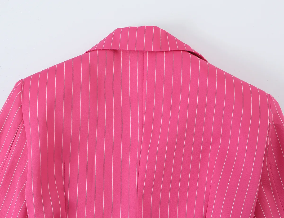Stripe Long Sleeve Streetwear Polyester Blazer with Button Craft and Lapel Collar