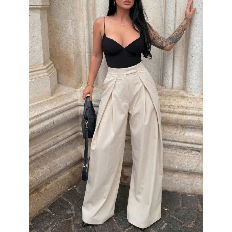 Casual Wide Leg Full Length Pants with Draped Design in Polyester Fabric for Everyday Comfort