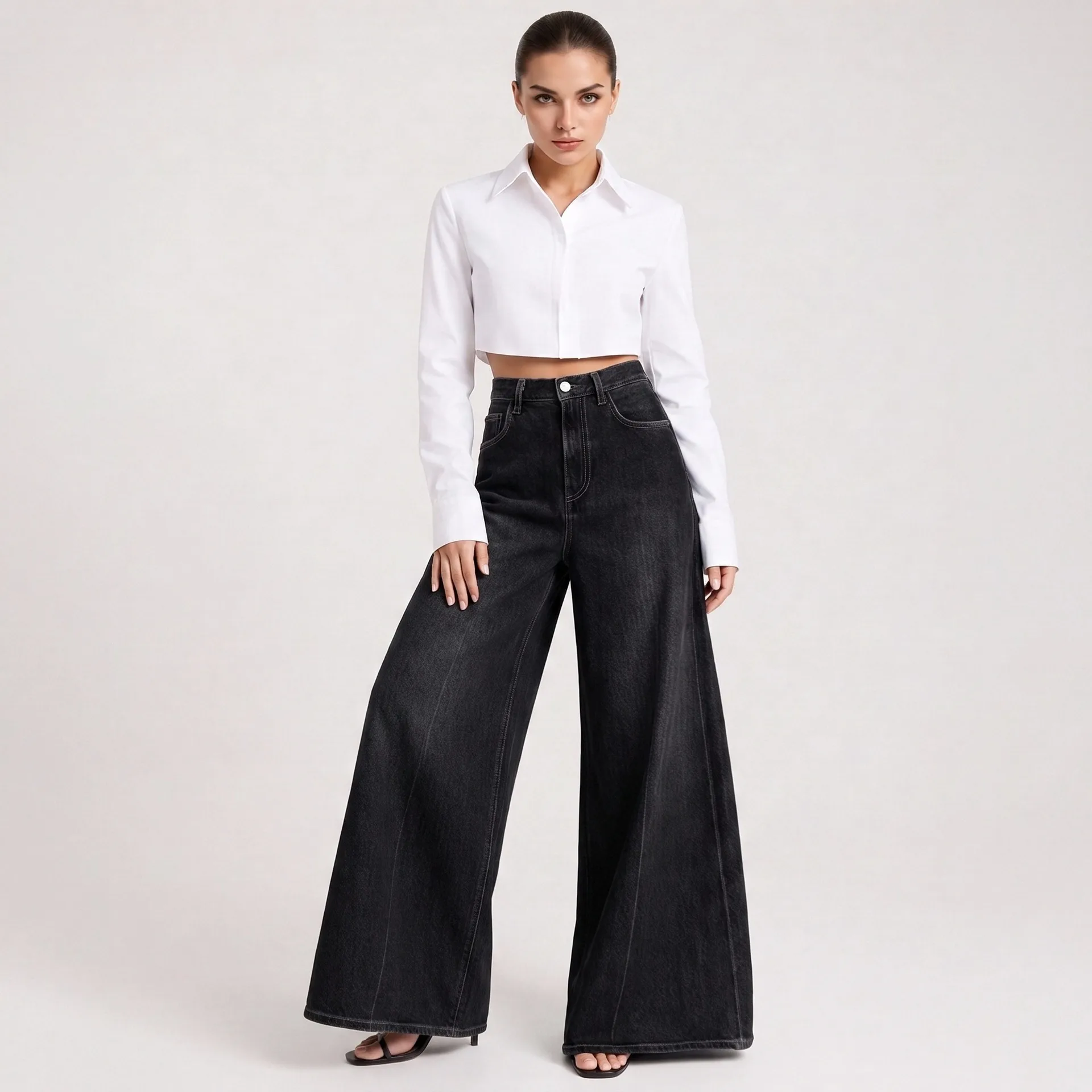Streetwear Wide Leg Full Length Pants for Women in Loose Fit with High Waist, Made of Stretchy Denim Cotton