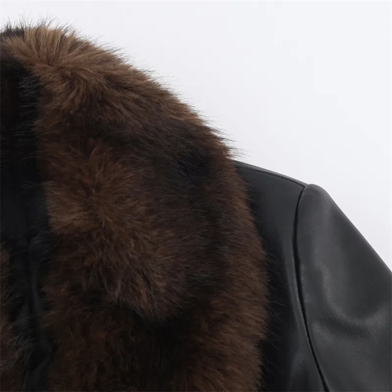 Elegant Women's Leather Jacket Coat with Tie Placket and Pocket, Featuring PU Fabric and Lapel Collar