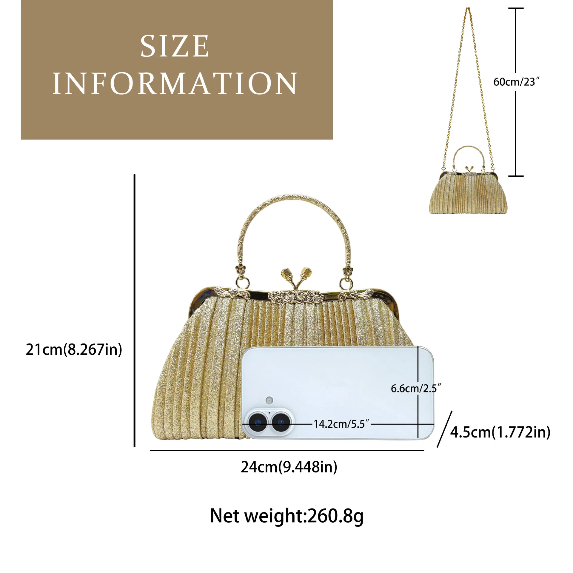 Square Ruched Polyester Evening Bag with Chain for Women