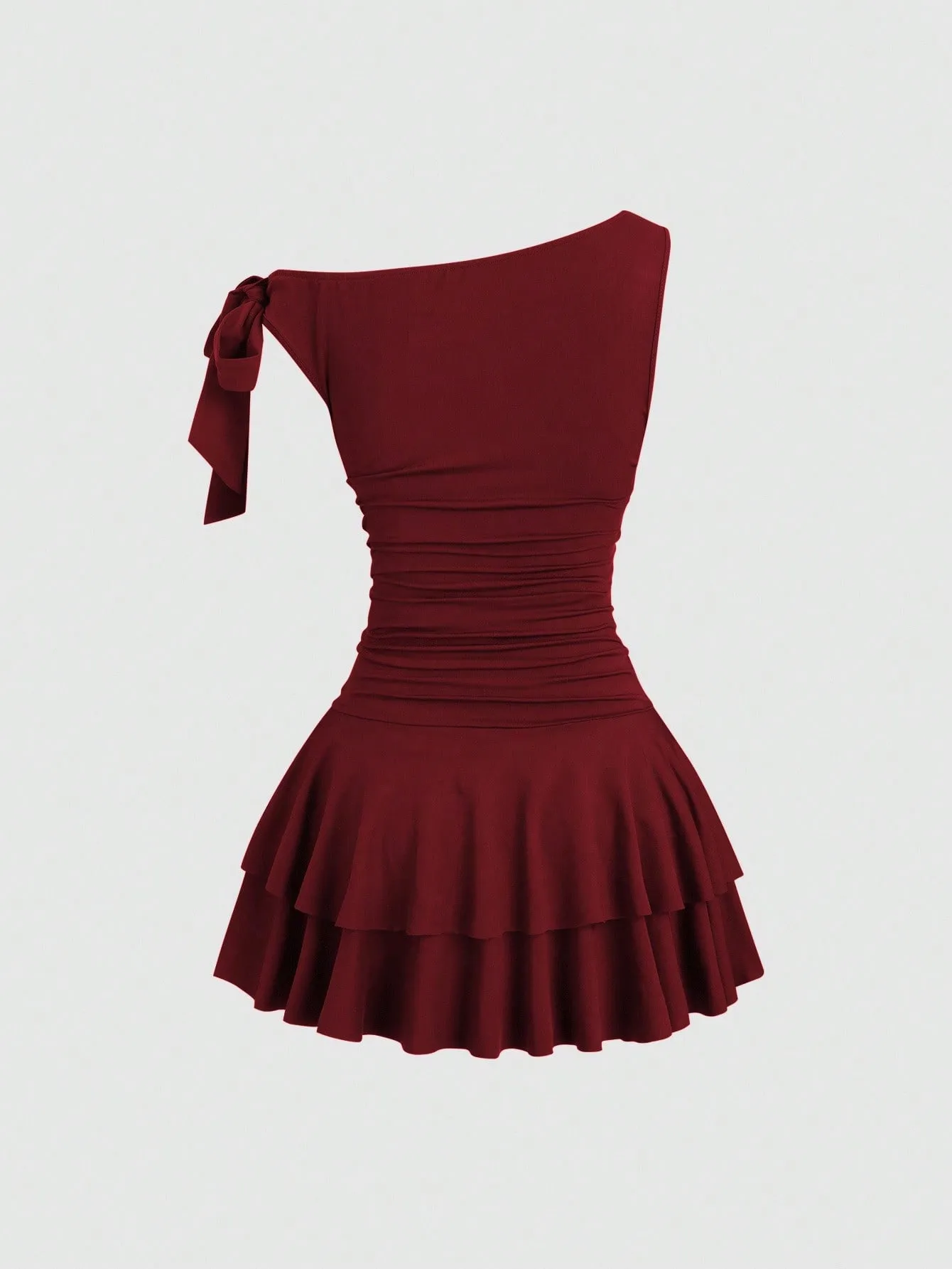 Solid Color Sleeveless Sheath Dress with Oblique Collar in Polyester Fabric, Above Knee Length, Featuring Backless Design
