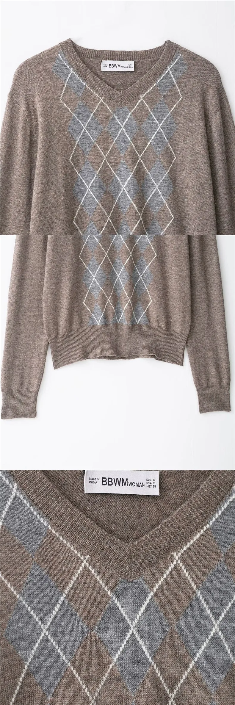 Argyle Knitted Streetwear Long Sleeve Pullover in Polyester for Women