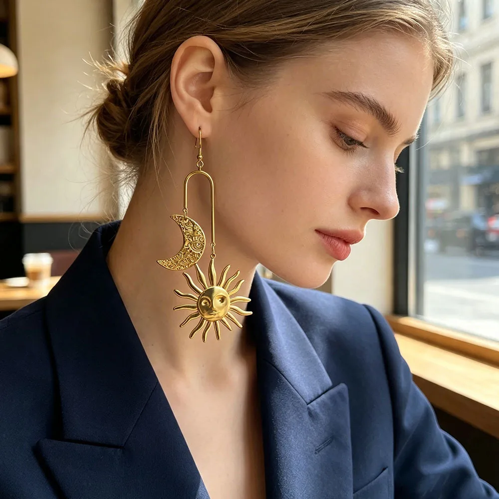 Retro Moon Tassel Drop Earrings for Women in 18K Real Gold Plated 304 Stainless Steel