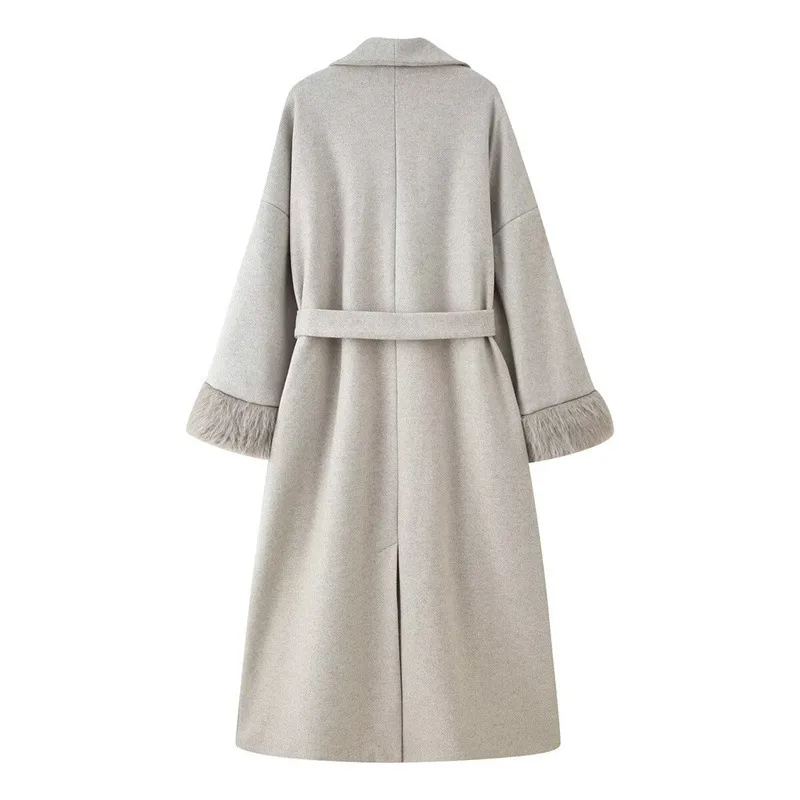 Elegant Woolen Coat for Women with Tie Placket, Polyester Fabric, Lapel Collar, Long Sleeve, and Pocket Detail