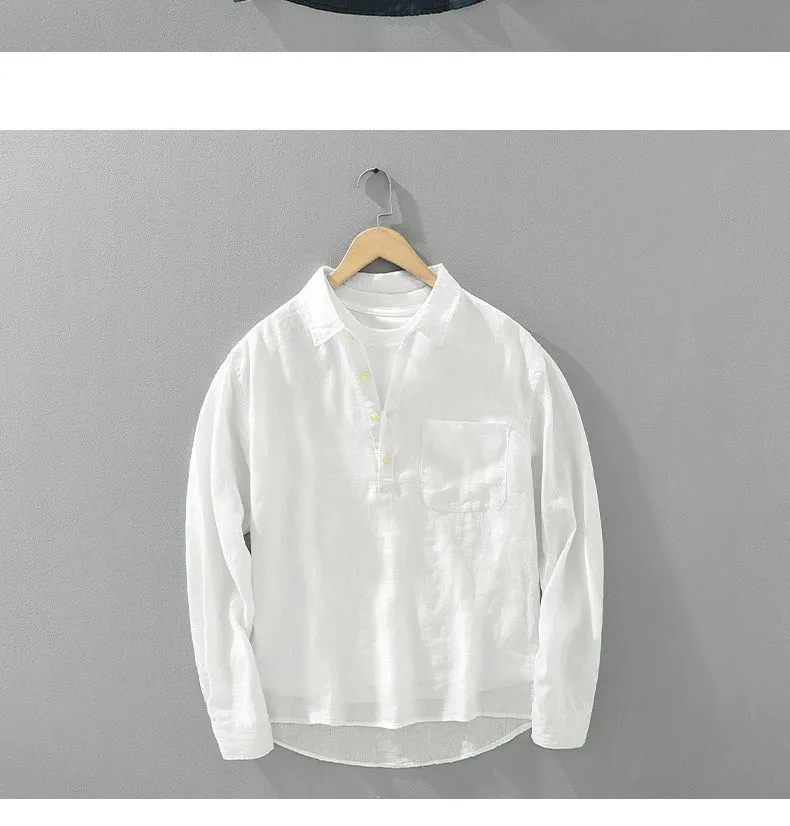 Men's Loose Long Sleeve Linen Shirt with Contrast Collar and Square Neck
