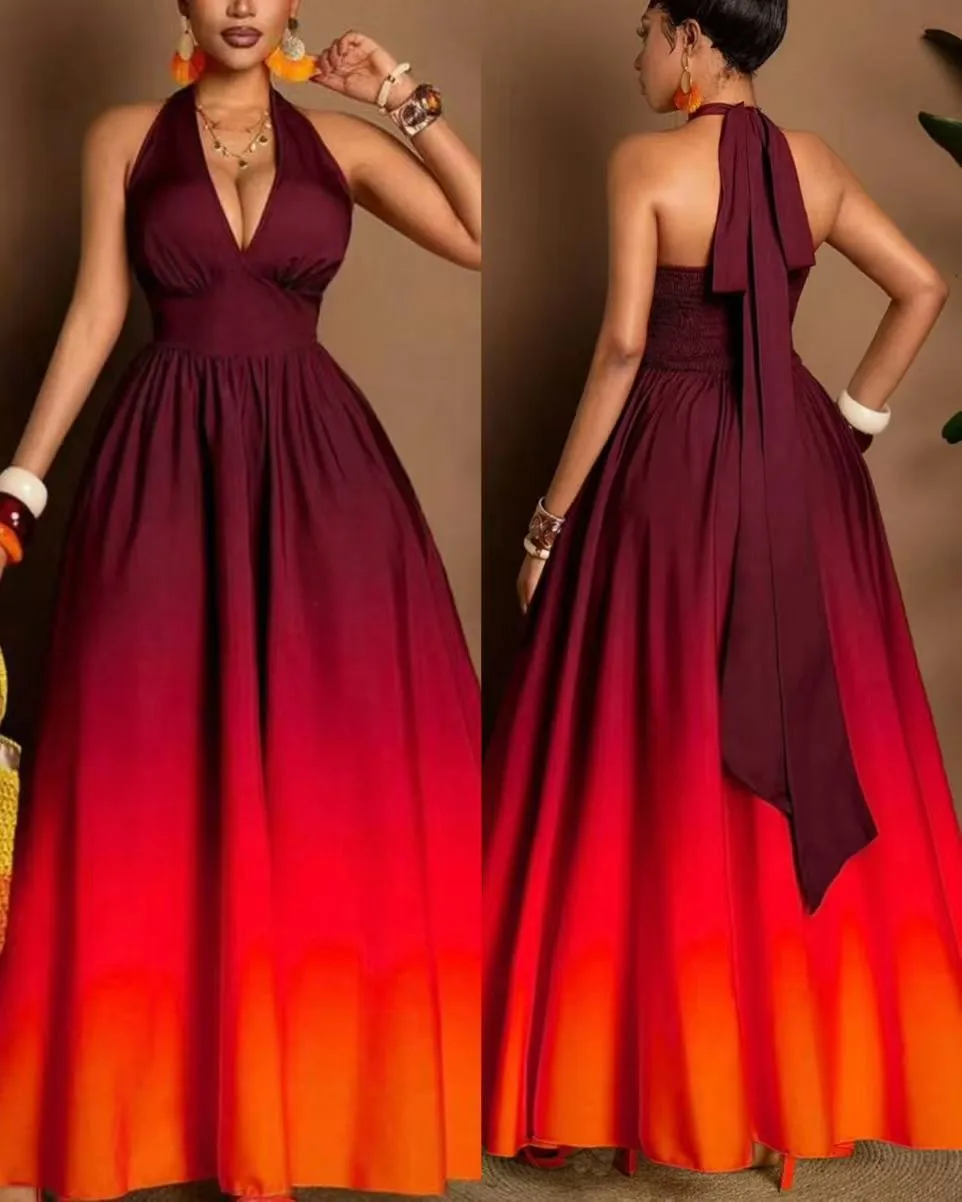 Elegant Sleeveless Halter Neck Swing Dress for Travel in Polyester Fabric with Printing Pattern