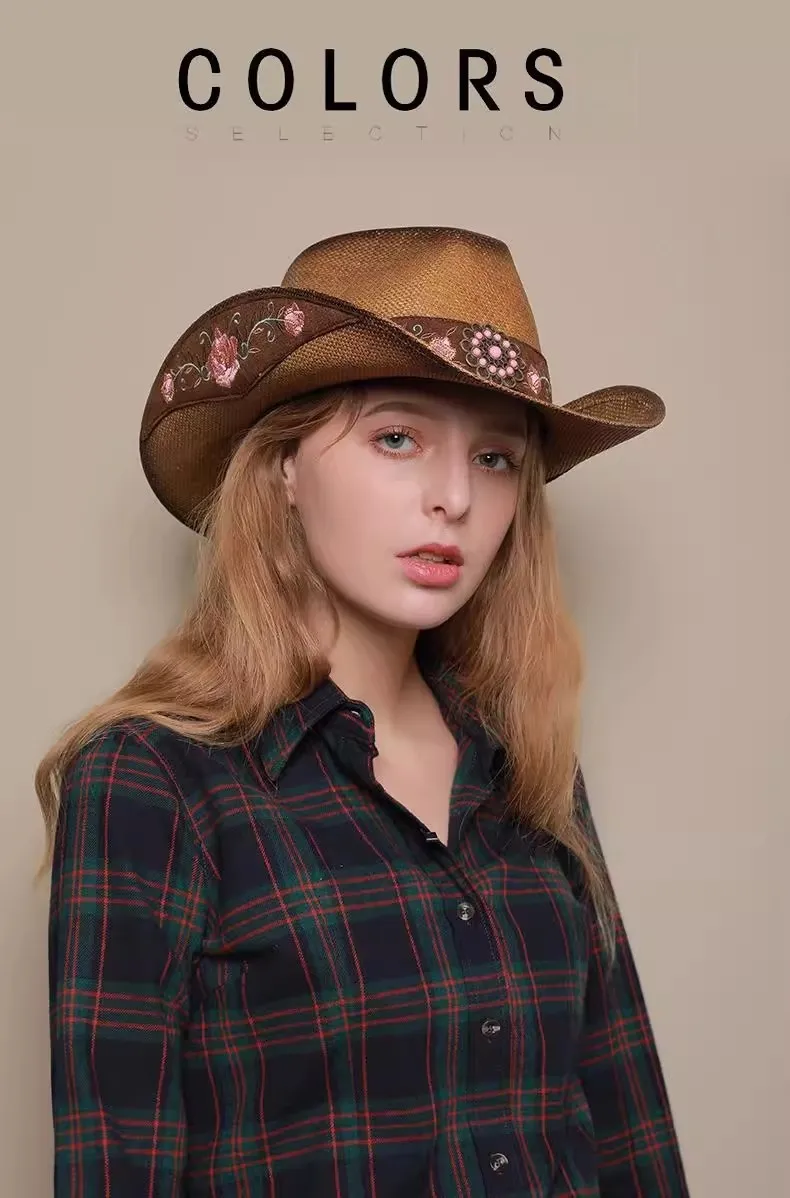 Ethnic Style Straw Hat with Wide Brim for UV Protection, Brown Color, Featuring Braid Craftsmanship
