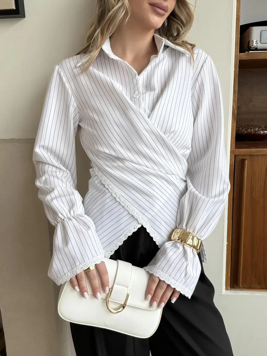 Stripe Long Sleeve Streetwear Cotton Shirt for Women Featuring Criss Cross Craft and Single Breasted Design