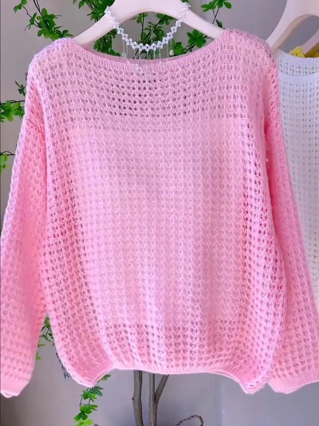 Solid Color Long Sleeve Knit Sweater with Hollow Out Design, Pullover Style Women's Knitwear