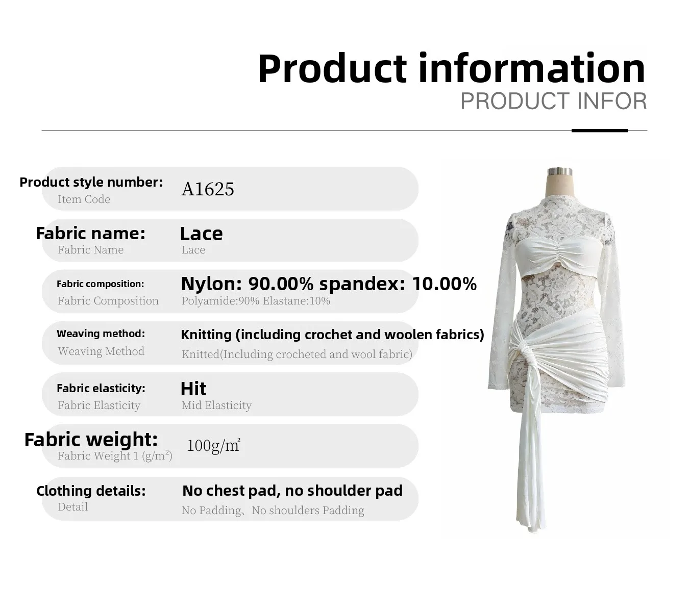 Solid Color Sexy Lace Dress with Long Sleeve and Round Neck, Casual White Dress
