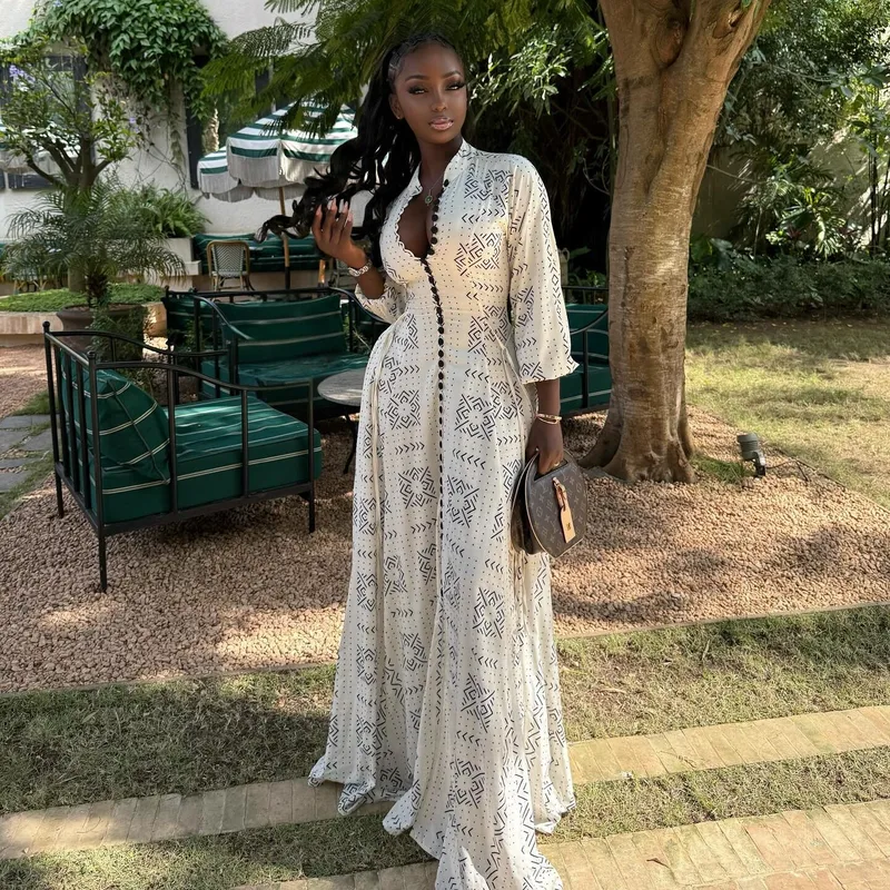 Elegant Geometric Maxi Long Dress with Long Sleeve and Standing Collar in Polyester Fabric