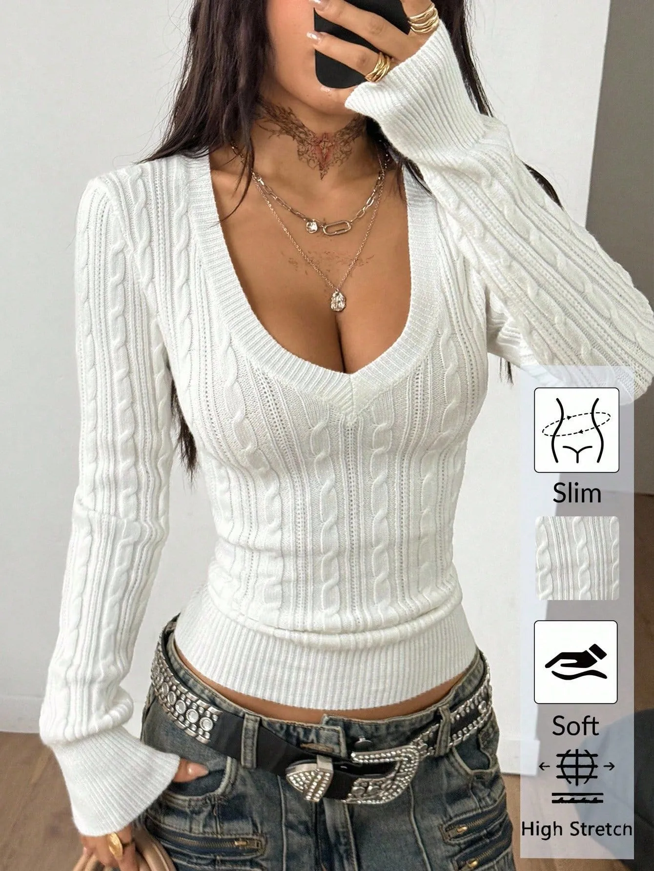 Solid Color Streetwear Sweater with Long Sleeves, Knitted Craft, Pullover Style in Polyester Fabric