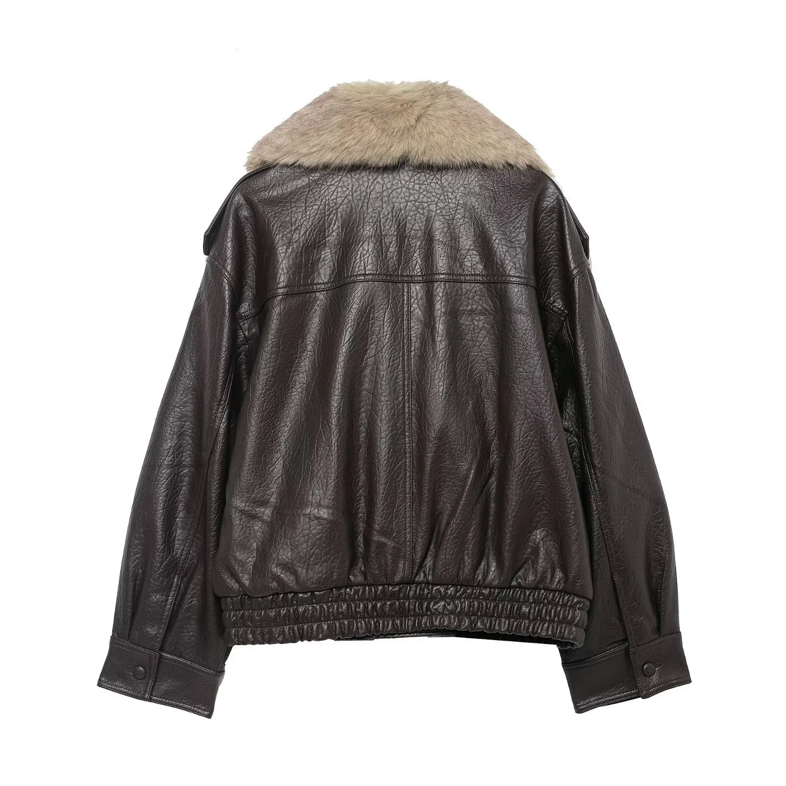 Casual Solid Color Leather Jacket for Women with Zipper Placket and Lapel Collar, Made of Polyester