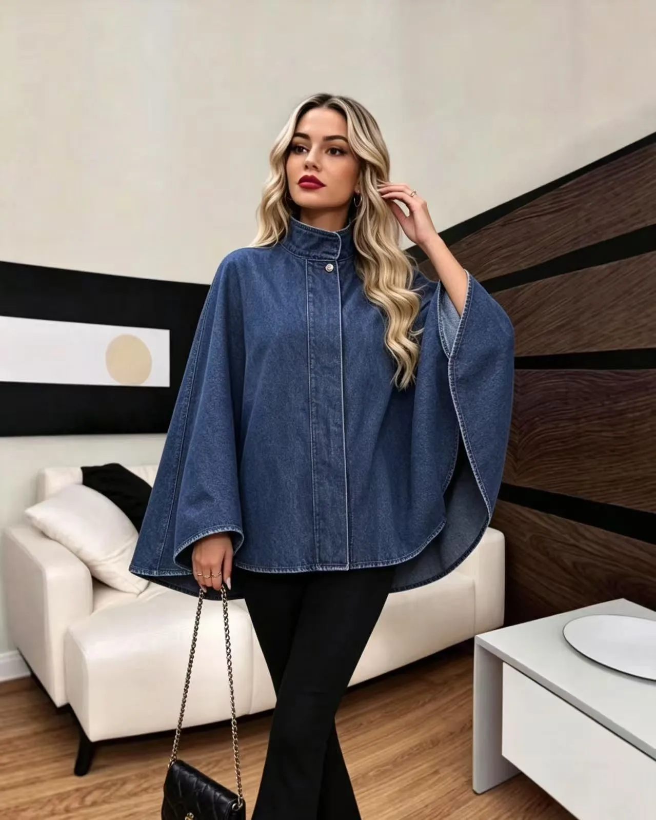 Solid Color Denim Coat for Women with Vintage Style Featuring Batwing Sleeves and Standing Collar