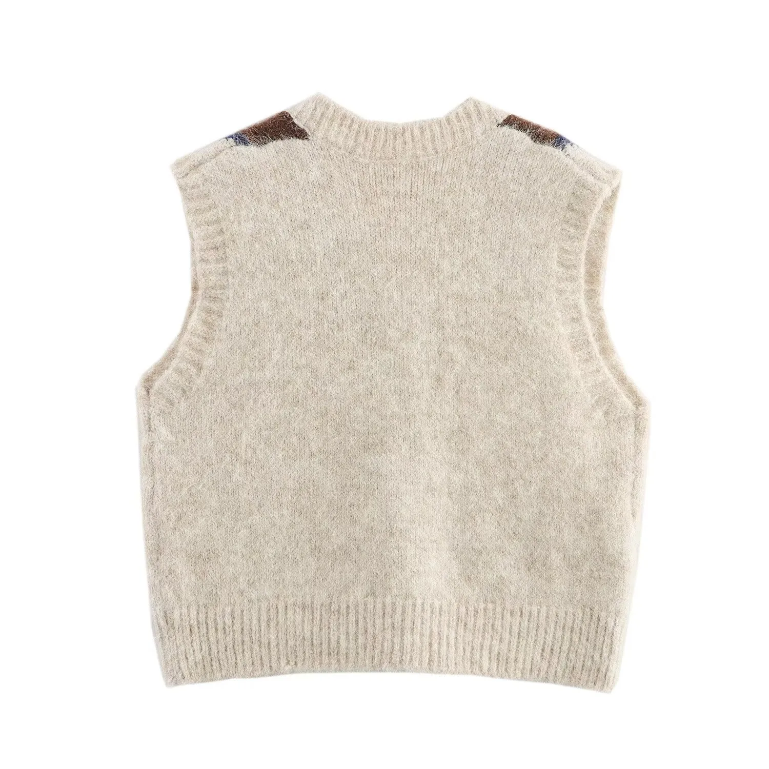 Maillard Style Knitted Polyester Vest for Women with V Neck and Color Block Design, Pullover Closure