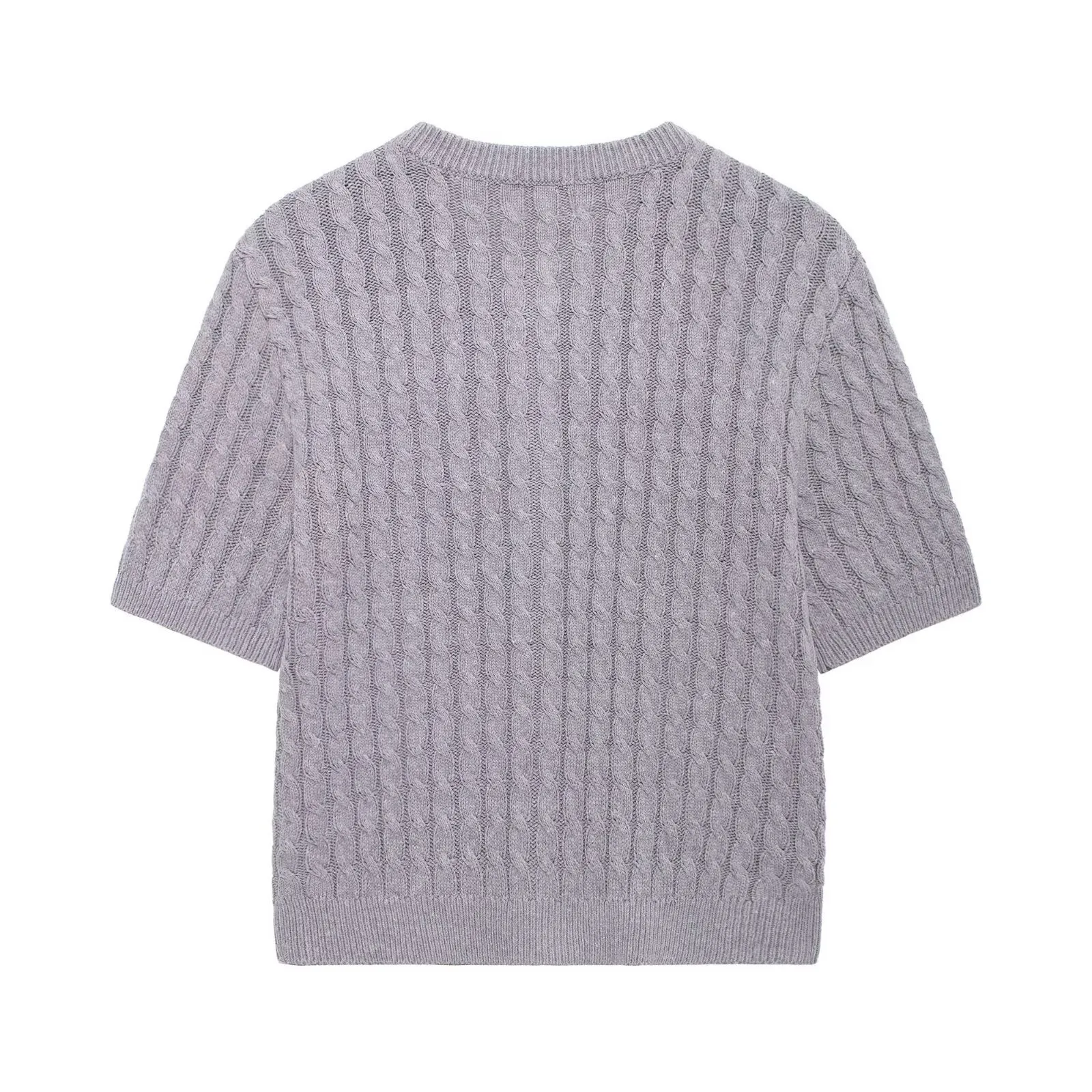 Solid Color Short Sleeve Streetwear Knitted Polyester Women's Sweater with Single Breasted Design
