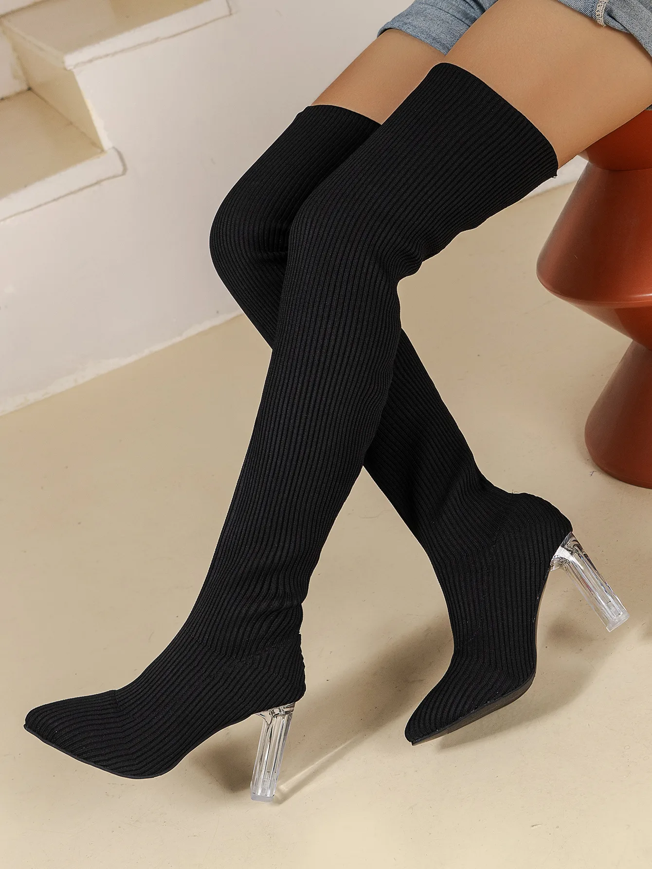 Women Solid Color Sock Boots with Wool Yarn Upper, Rubber Sole, and Chunky Heel Featuring Cotton Fabric Lining