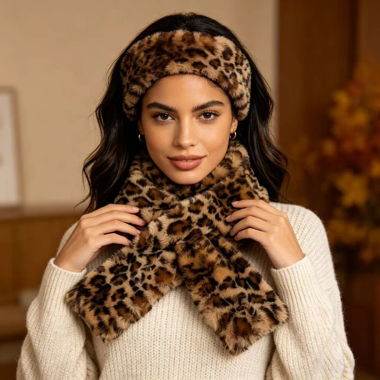 Leopard Print Wool Cap with Ear Wrap Brim, Warm Polyester Plush Adult Hat