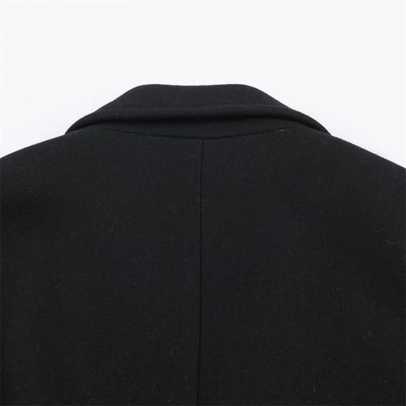 Elegant Woolen Coat for Women with Tie Placket, Polyester Fabric, Belt Detail, Lapel Collar, and Long Sleeves