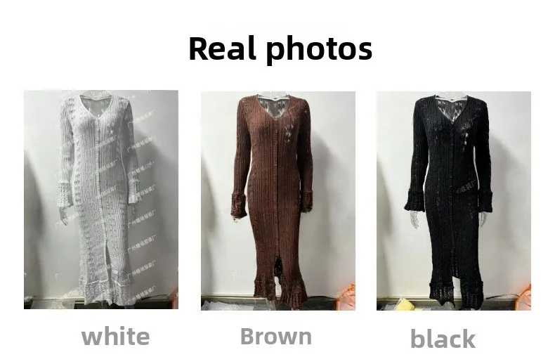 Solid Color Long Sleeve Knit Top for Women with Hollow Out Craft and V Neck, Single Breasted Design