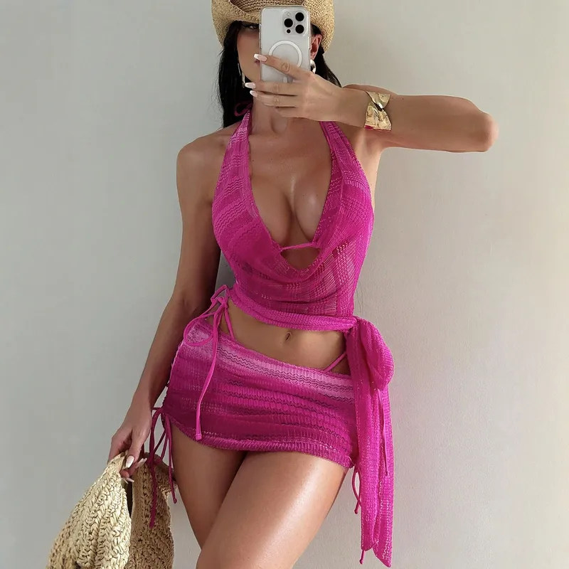 Ombre Women Split Swimsuit with Halter Neck Featuring Straps, Made of Polyester Fabric