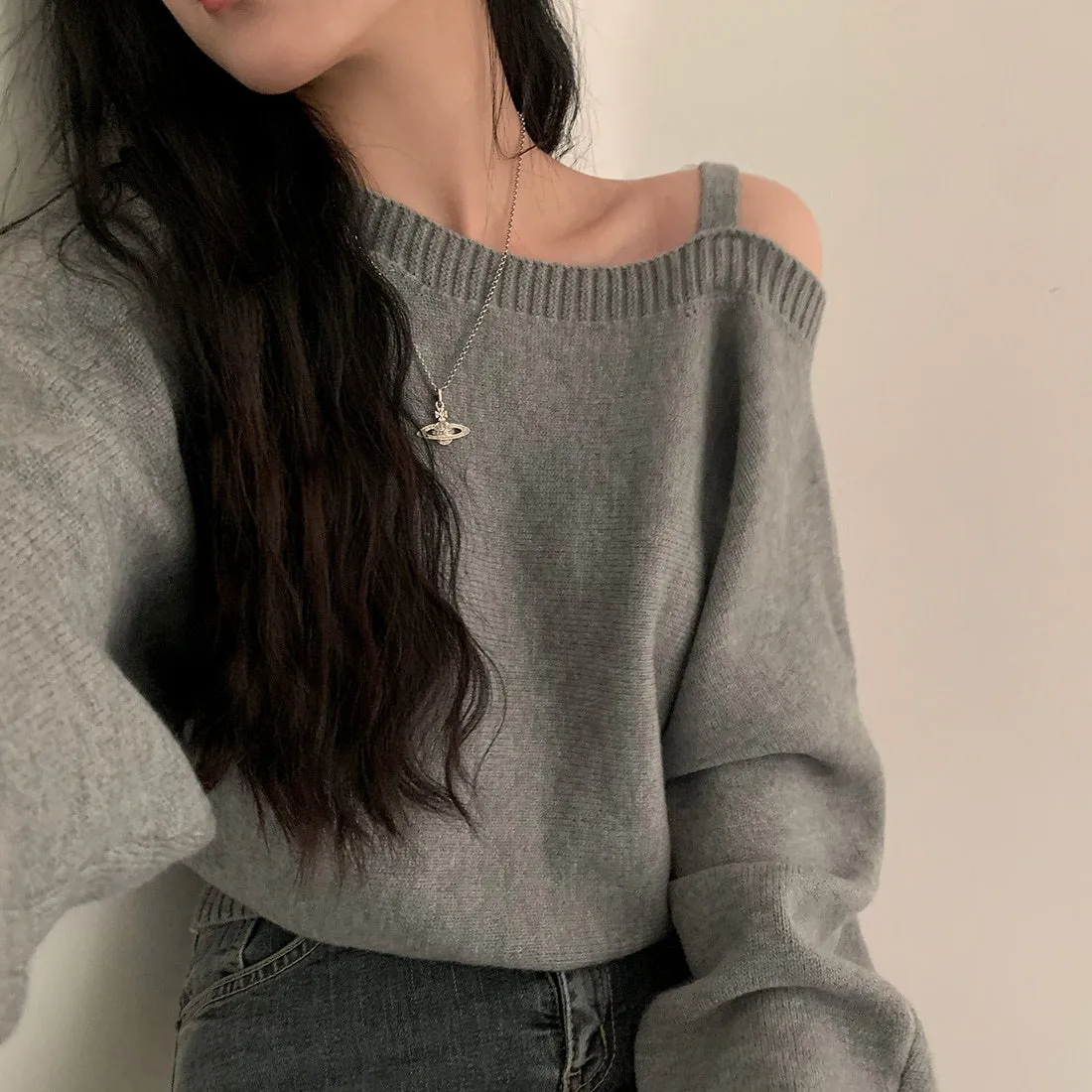 Vintage Style Solid Color Long Sleeve Pullover Knitted Polyester Women's Sweater