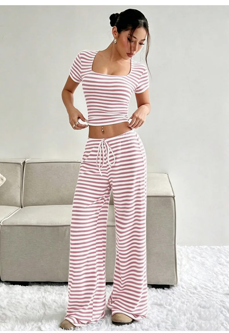 Women’s Casual Stripe Milk Fiber Pajamas with Printing and Dyeing, Perfect for Spring