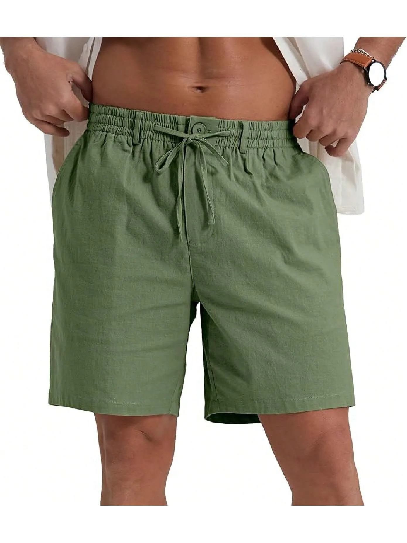 Men's Casual Solid Color Polyester Beach Shorts with Drawstring for Comfortable Summer Wear