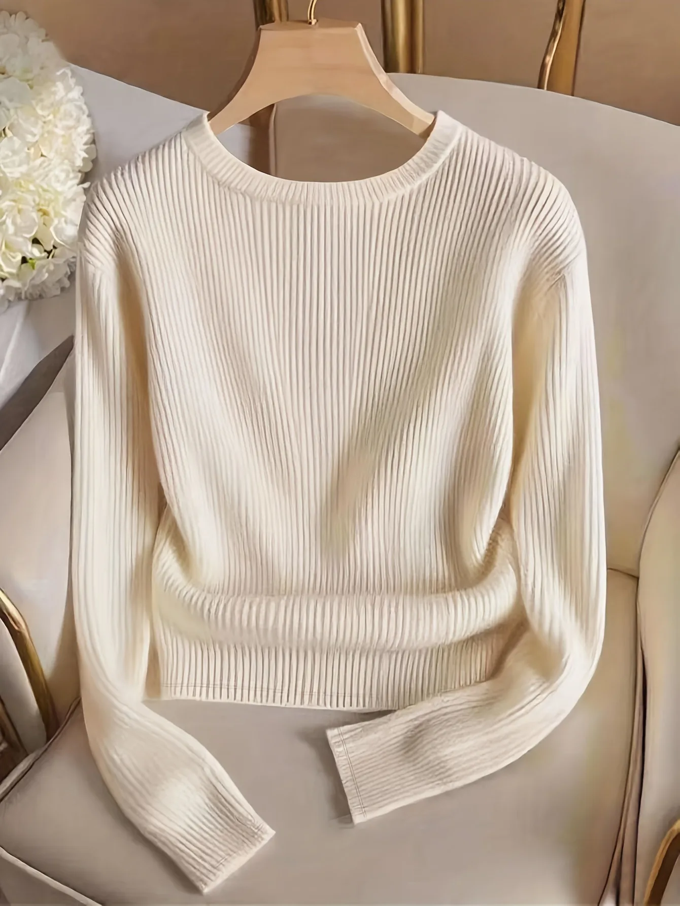 Elegant Solid Color Long Sleeve Polyester Pullover Knitted Women's T-Shirt