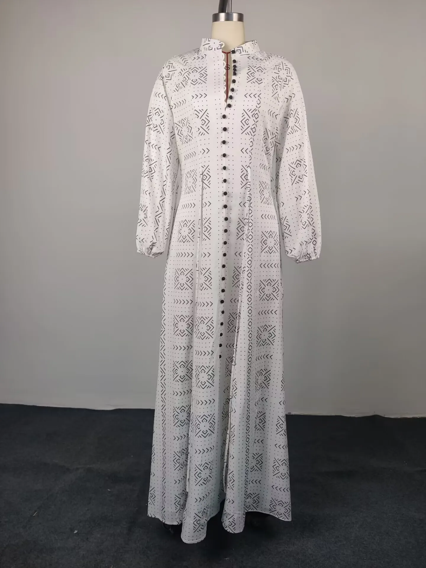 Elegant Geometric Maxi Long Dress with Long Sleeve and Standing Collar in Polyester Fabric