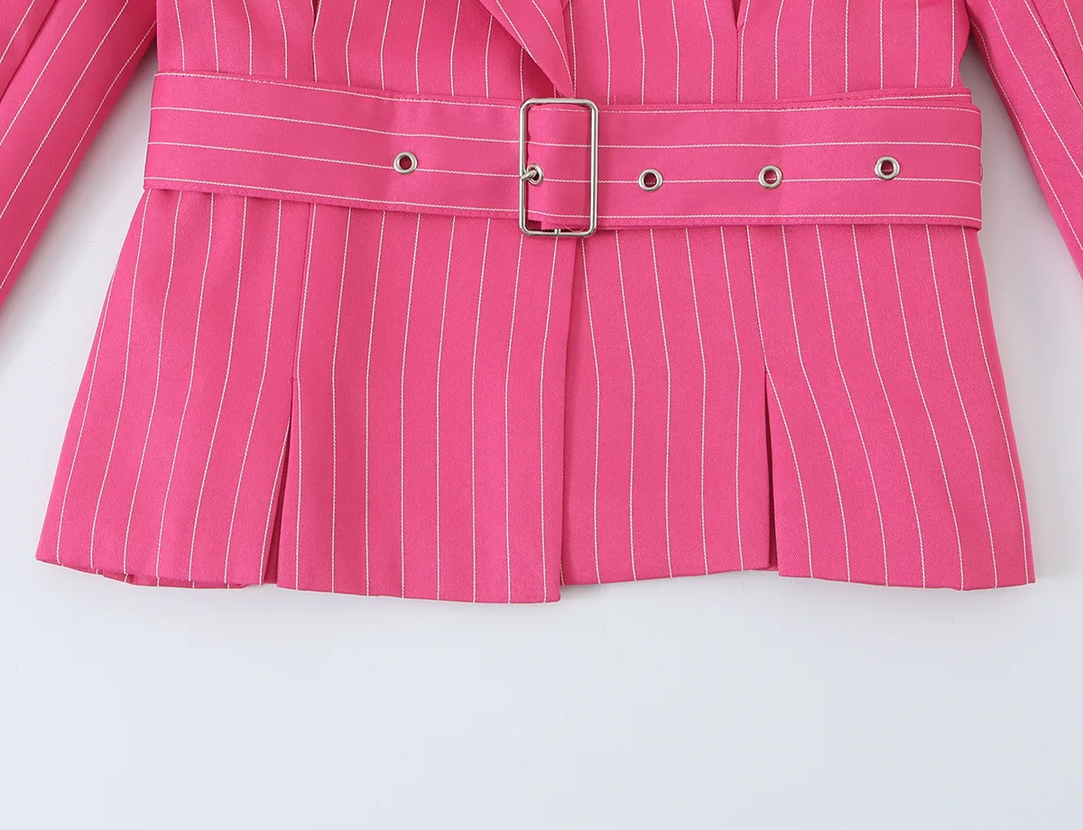 Stripe Long Sleeve Streetwear Polyester Blazer with Button Craft and Lapel Collar