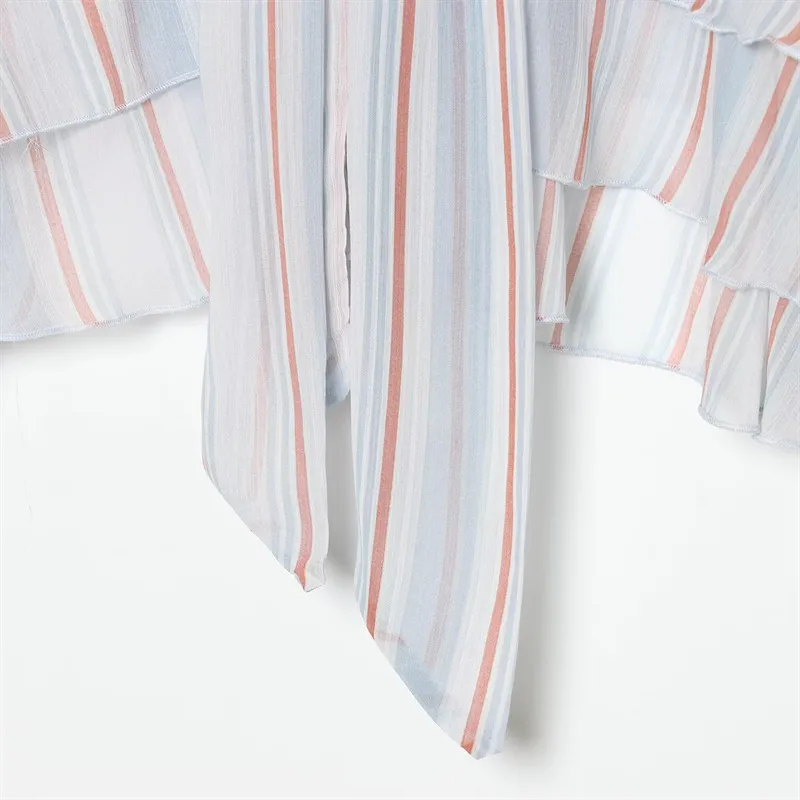 Stripe Blouse for Women in Polyester Fabric with Casual Style Featuring Ruffles and V Neck Pullovers