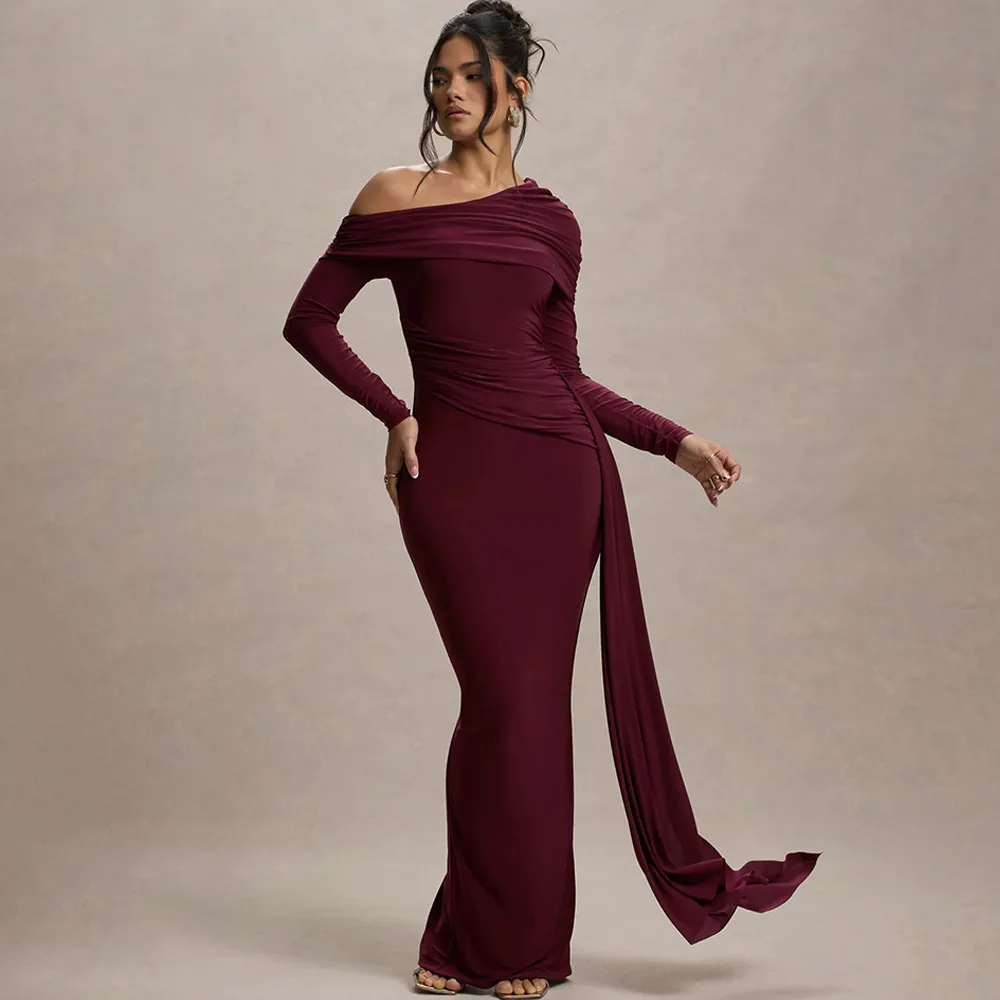Elegant Solid Color Sheath Dress with Long Sleeves for Banquet