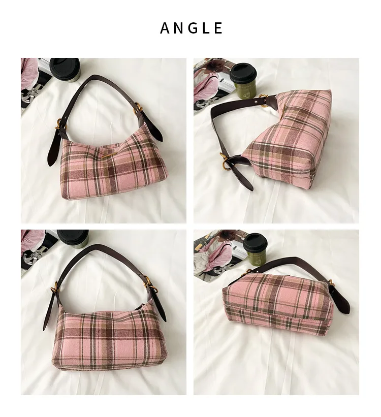 Women’s Polyester Underarm Bag featuring Lattice Pattern and Sewing Thread Design, Bucket Shape for Autumn