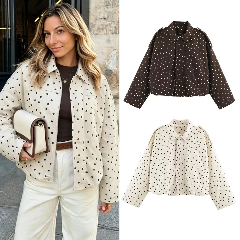 Streetwear Polka Dots Casual Jacket for Women with Zipper Placket in Polyester Fabric Featuring Lapel Collar