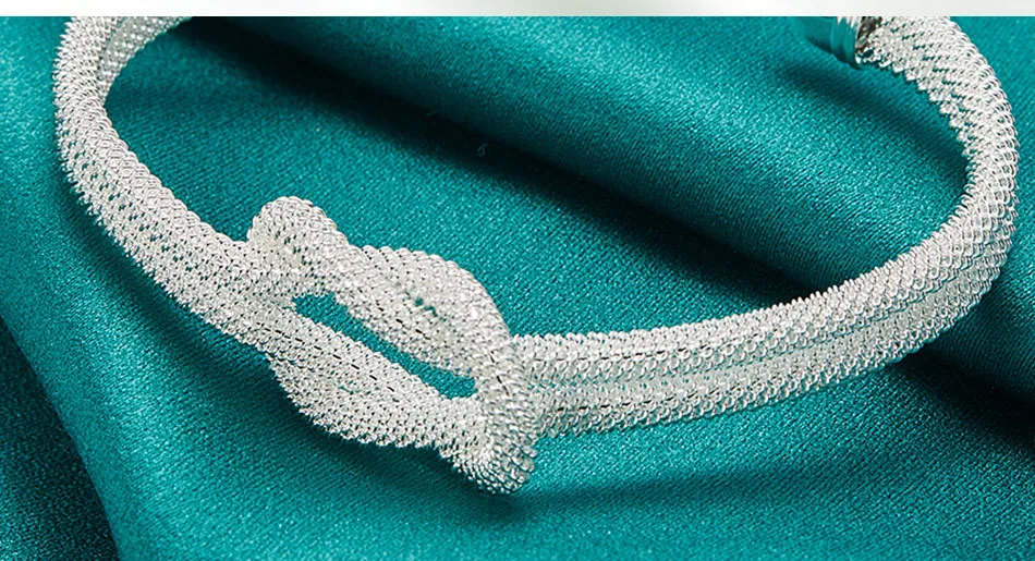 Women’s Electroplated Silver Plated Copper Bangle Featuring Braid Craft and Grid Pattern