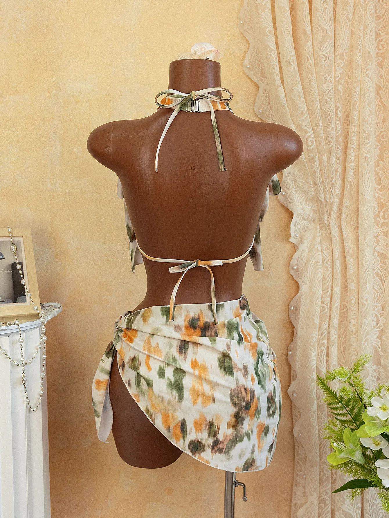 Women’s Ditsy Floral Orthodox Cross Necklace Split Swimsuit in White Polyester Featuring Floral Design