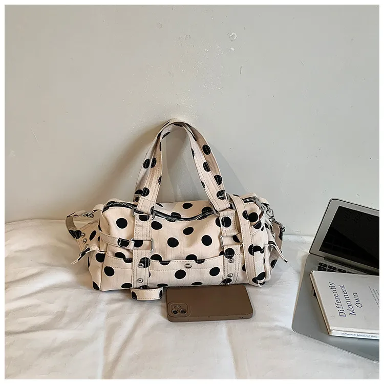 Women’s Canvas Square Handbag with Polka Dots Pattern and Sewing Thread Detail, Featuring Single Shoulder Strap